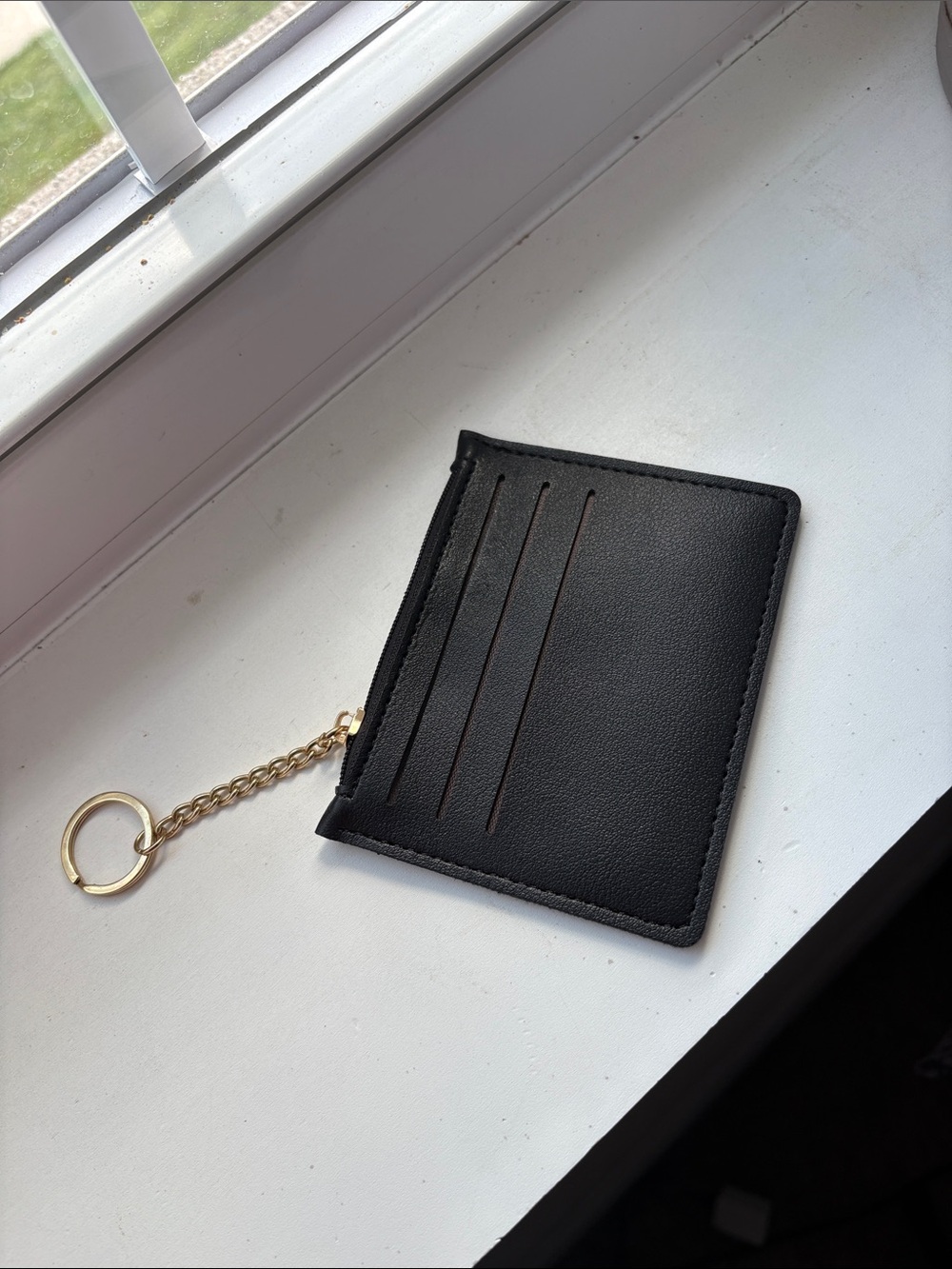 Classic Black Leather Card Holder with Gold Keychain
